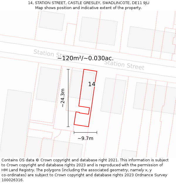 14, STATION STREET, CASTLE GRESLEY, SWADLINCOTE, DE11 9JU: Plot and title map