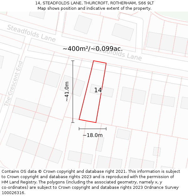 14, STEADFOLDS LANE, THURCROFT, ROTHERHAM, S66 9LT: Plot and title map