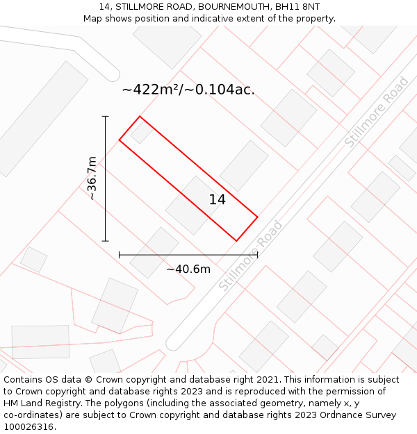 14, STILLMORE ROAD, BOURNEMOUTH, BH11 8NT: Plot and title map