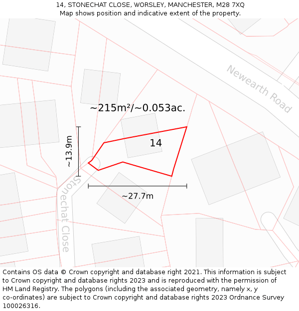 14, STONECHAT CLOSE, WORSLEY, MANCHESTER, M28 7XQ: Plot and title map