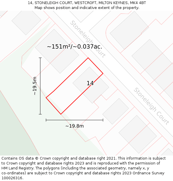 14, STONELEIGH COURT, WESTCROFT, MILTON KEYNES, MK4 4BT: Plot and title map