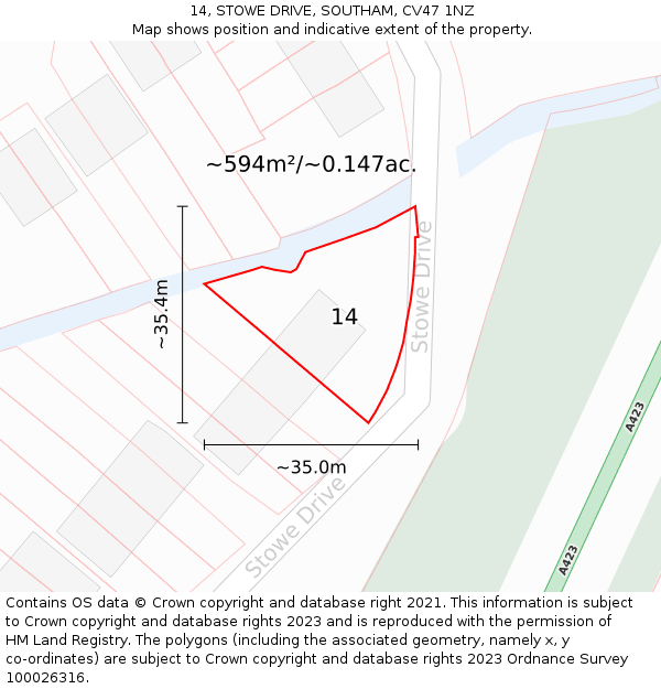 14, STOWE DRIVE, SOUTHAM, CV47 1NZ: Plot and title map