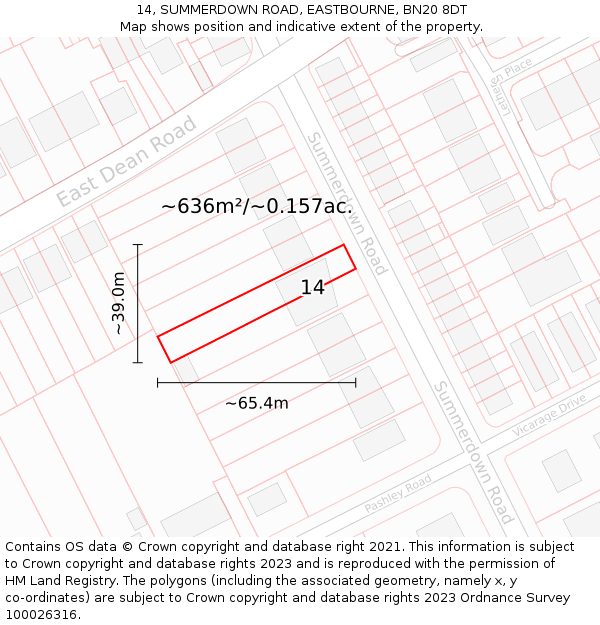 14, SUMMERDOWN ROAD, EASTBOURNE, BN20 8DT: Plot and title map