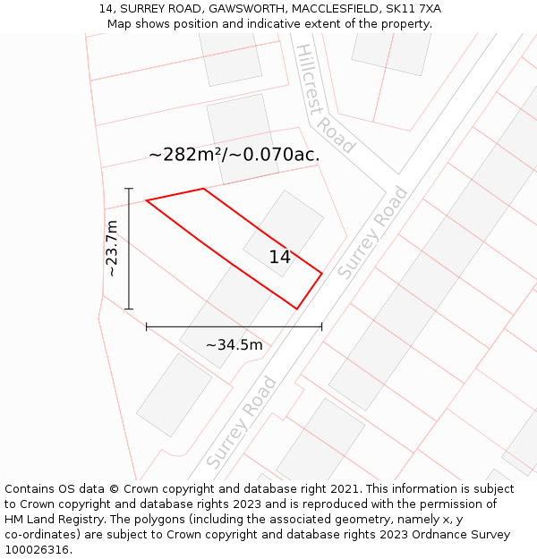 14, SURREY ROAD, GAWSWORTH, MACCLESFIELD, SK11 7XA: Plot and title map