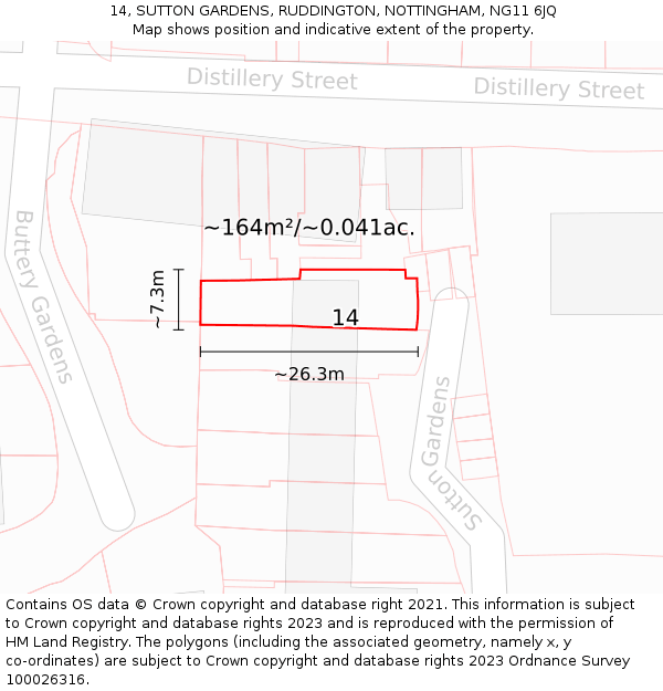 14, SUTTON GARDENS, RUDDINGTON, NOTTINGHAM, NG11 6JQ: Plot and title map