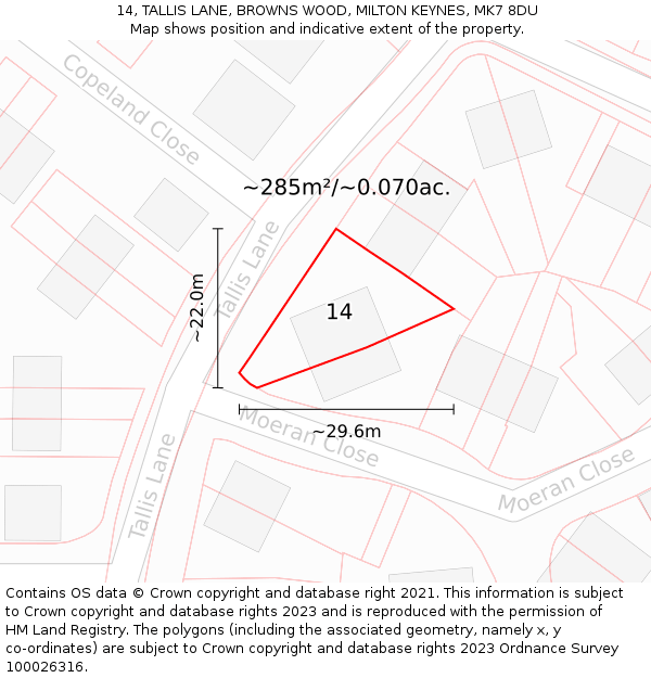 14, TALLIS LANE, BROWNS WOOD, MILTON KEYNES, MK7 8DU: Plot and title map