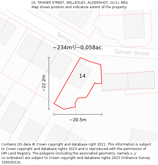 14, TANNER STREET, WELLESLEY, ALDERSHOT, GU11 4BQ: Plot and title map