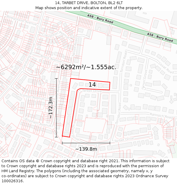 14, TARBET DRIVE, BOLTON, BL2 6LT: Plot and title map