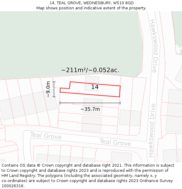 14, TEAL GROVE, WEDNESBURY, WS10 8GD: Plot and title map