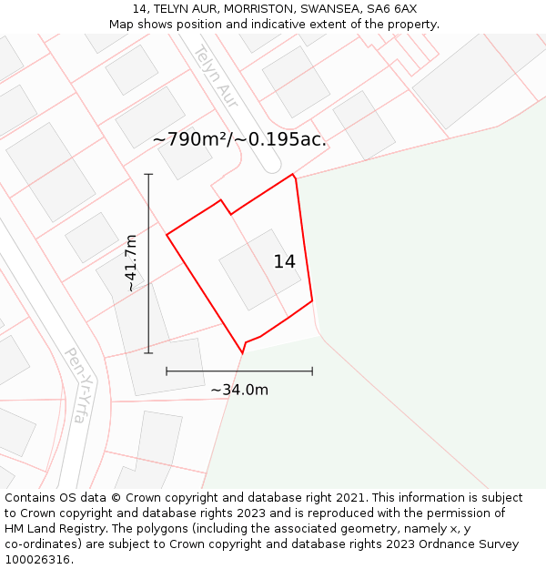 14, TELYN AUR, MORRISTON, SWANSEA, SA6 6AX: Plot and title map