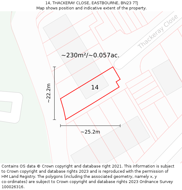 14, THACKERAY CLOSE, EASTBOURNE, BN23 7TJ: Plot and title map