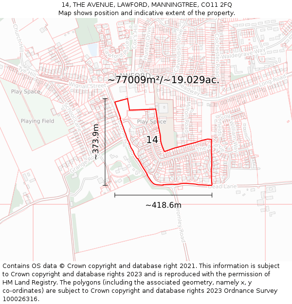 14, THE AVENUE, LAWFORD, MANNINGTREE, CO11 2FQ: Plot and title map