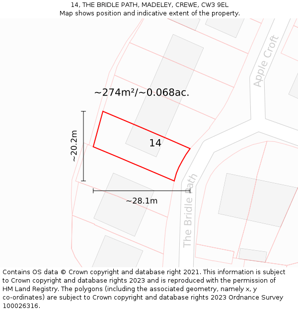 14, THE BRIDLE PATH, MADELEY, CREWE, CW3 9EL: Plot and title map