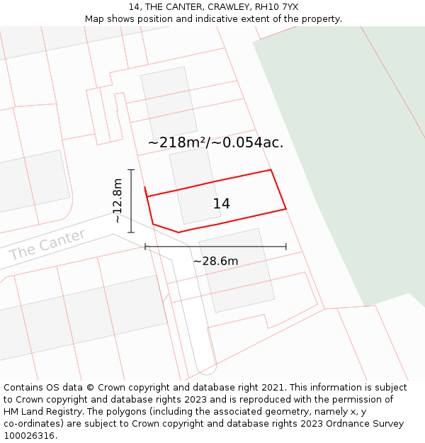 14, THE CANTER, CRAWLEY, RH10 7YX: Plot and title map