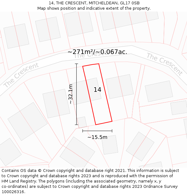 14, THE CRESCENT, MITCHELDEAN, GL17 0SB: Plot and title map