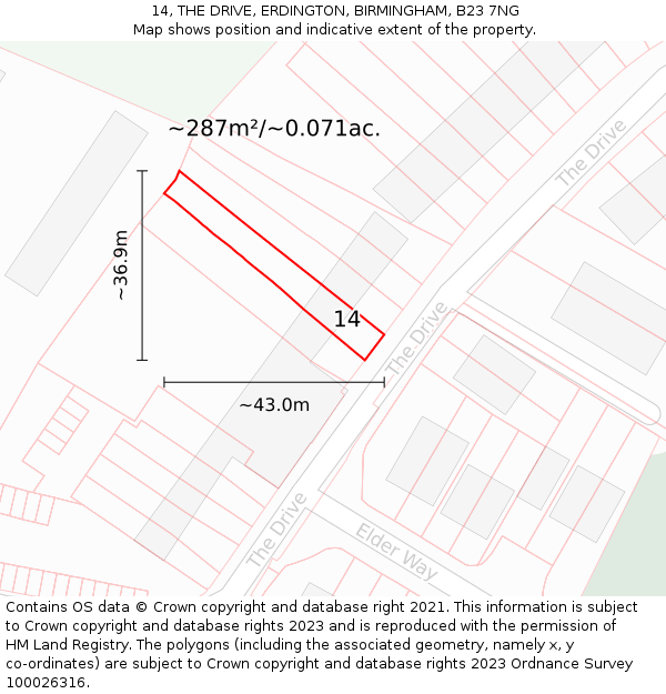 14, THE DRIVE, ERDINGTON, BIRMINGHAM, B23 7NG: Plot and title map