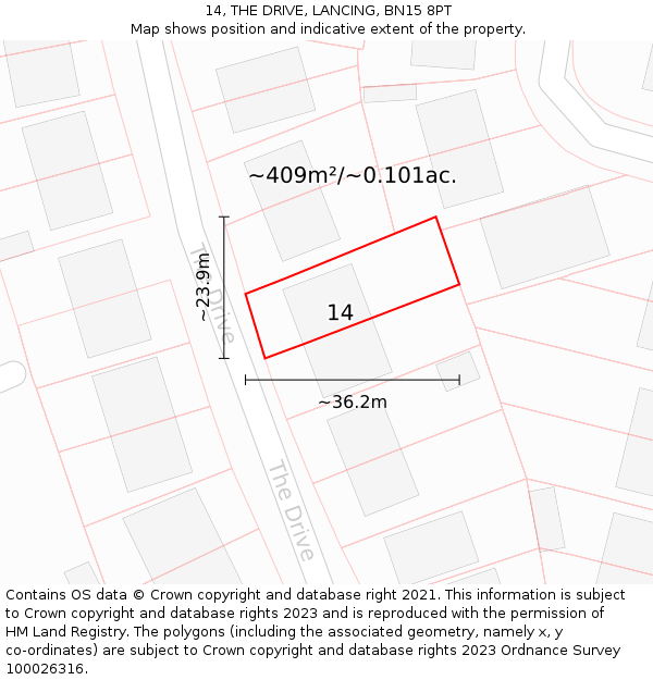 14, THE DRIVE, LANCING, BN15 8PT: Plot and title map