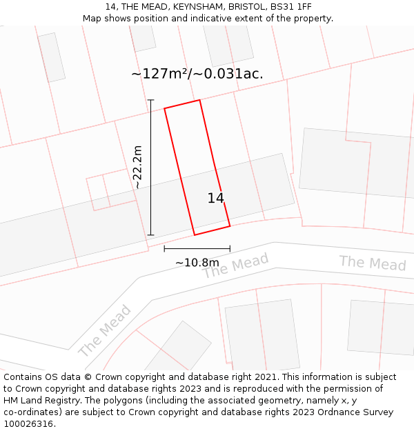 14, THE MEAD, KEYNSHAM, BRISTOL, BS31 1FF: Plot and title map