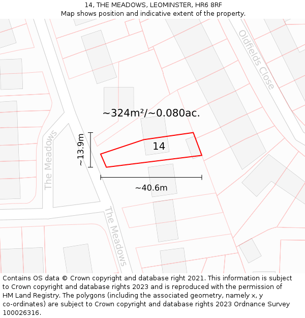 14, THE MEADOWS, LEOMINSTER, HR6 8RF: Plot and title map