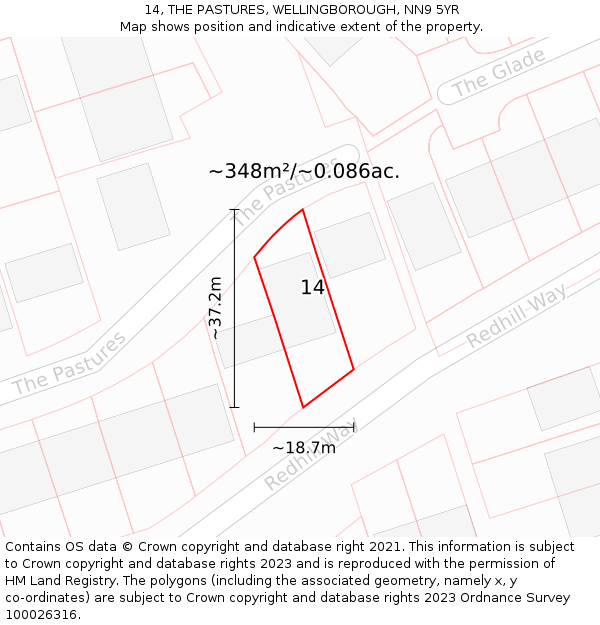 14, THE PASTURES, WELLINGBOROUGH, NN9 5YR: Plot and title map