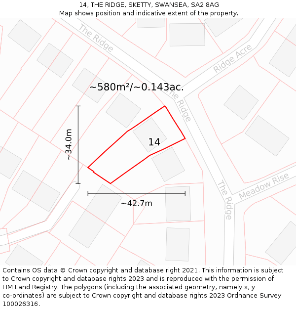 14, THE RIDGE, SKETTY, SWANSEA, SA2 8AG: Plot and title map