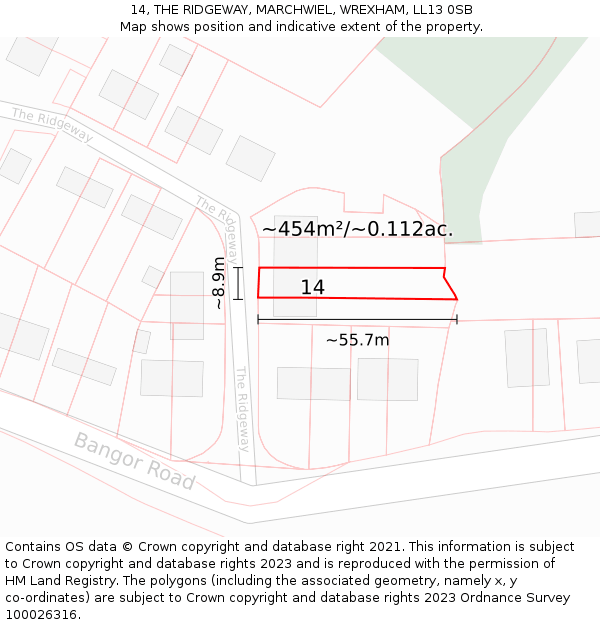 14, THE RIDGEWAY, MARCHWIEL, WREXHAM, LL13 0SB: Plot and title map