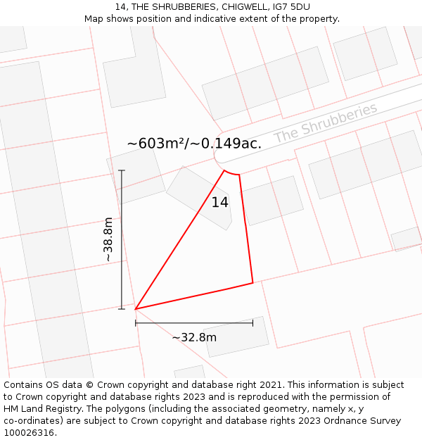 14, THE SHRUBBERIES, CHIGWELL, IG7 5DU: Plot and title map