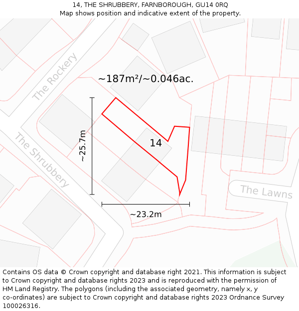 14, THE SHRUBBERY, FARNBOROUGH, GU14 0RQ: Plot and title map