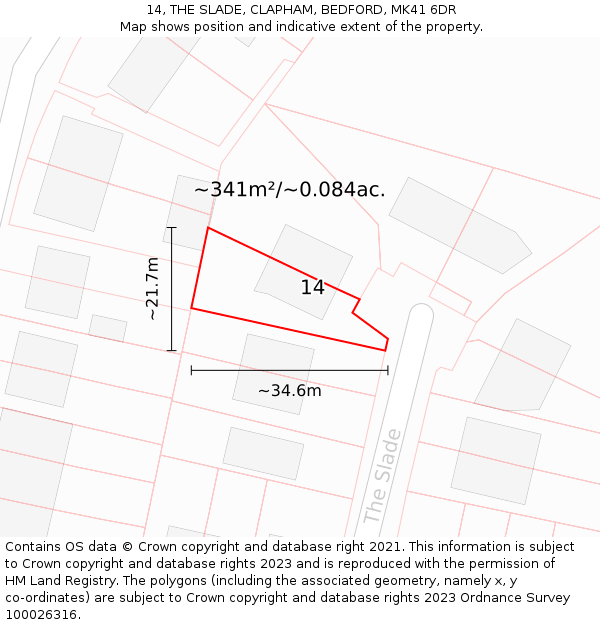 14, THE SLADE, CLAPHAM, BEDFORD, MK41 6DR: Plot and title map