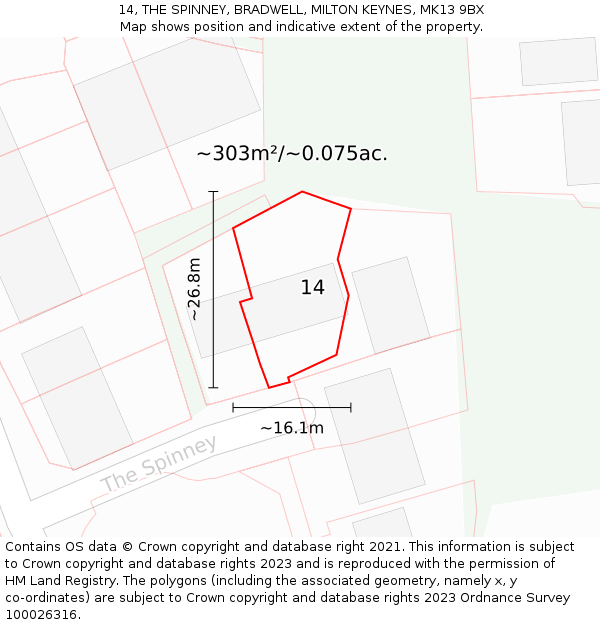 14, THE SPINNEY, BRADWELL, MILTON KEYNES, MK13 9BX: Plot and title map