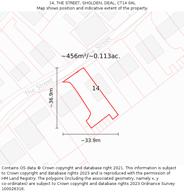 14, THE STREET, SHOLDEN, DEAL, CT14 0AL: Plot and title map