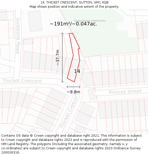 14, THICKET CRESCENT, SUTTON, SM1 4QB: Plot and title map