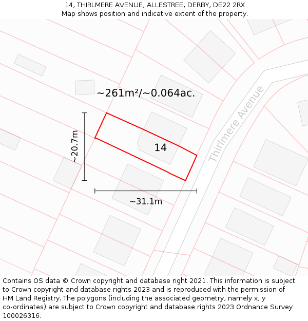 14, THIRLMERE AVENUE, ALLESTREE, DERBY, DE22 2RX: Plot and title map