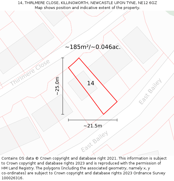 14, THIRLMERE CLOSE, KILLINGWORTH, NEWCASTLE UPON TYNE, NE12 6GZ: Plot and title map