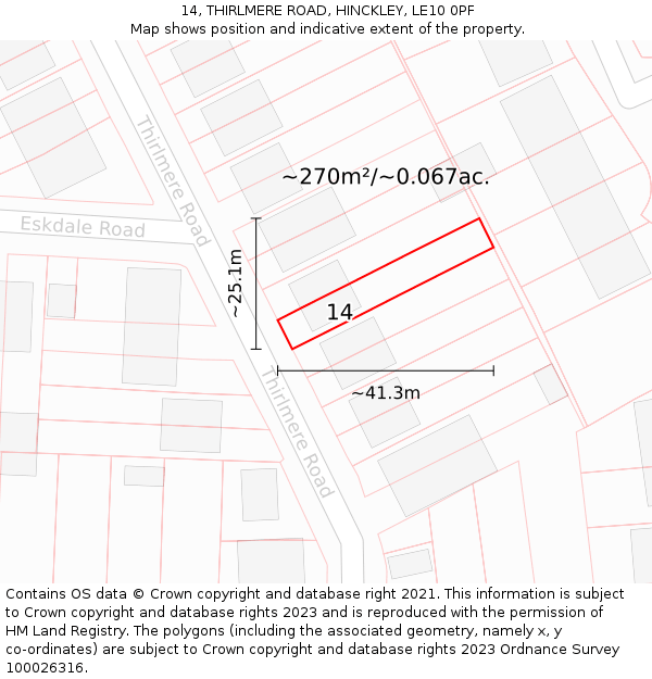 14, THIRLMERE ROAD, HINCKLEY, LE10 0PF: Plot and title map