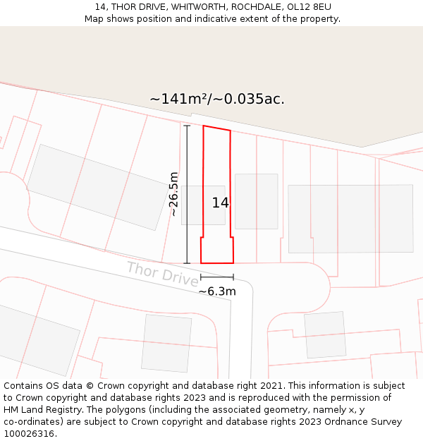 14, THOR DRIVE, WHITWORTH, ROCHDALE, OL12 8EU: Plot and title map