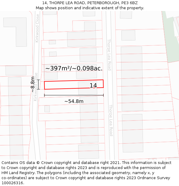 14, THORPE LEA ROAD, PETERBOROUGH, PE3 6BZ: Plot and title map