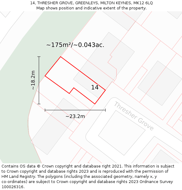 14, THRESHER GROVE, GREENLEYS, MILTON KEYNES, MK12 6LQ: Plot and title map