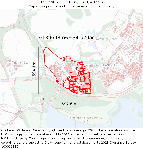 14, TINSLEY GREEN WAY, LEIGH, WN7 4RP: Plot and title map