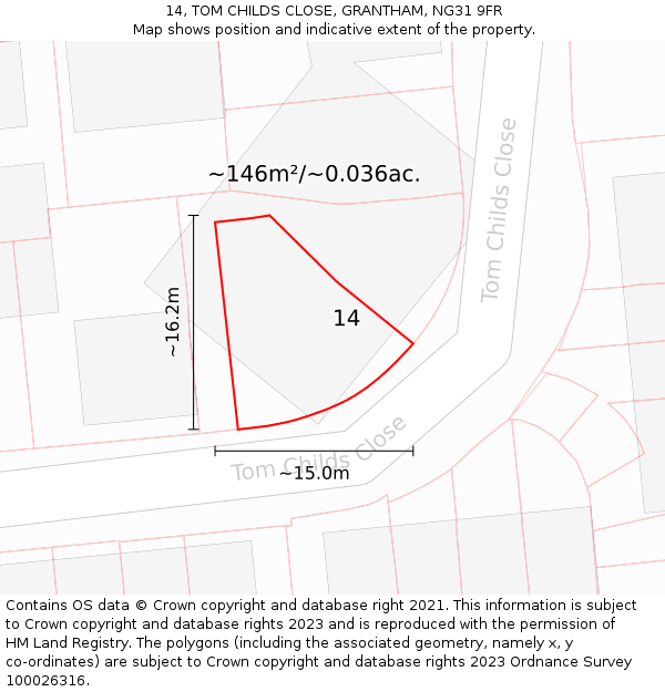 14, TOM CHILDS CLOSE, GRANTHAM, NG31 9FR: Plot and title map
