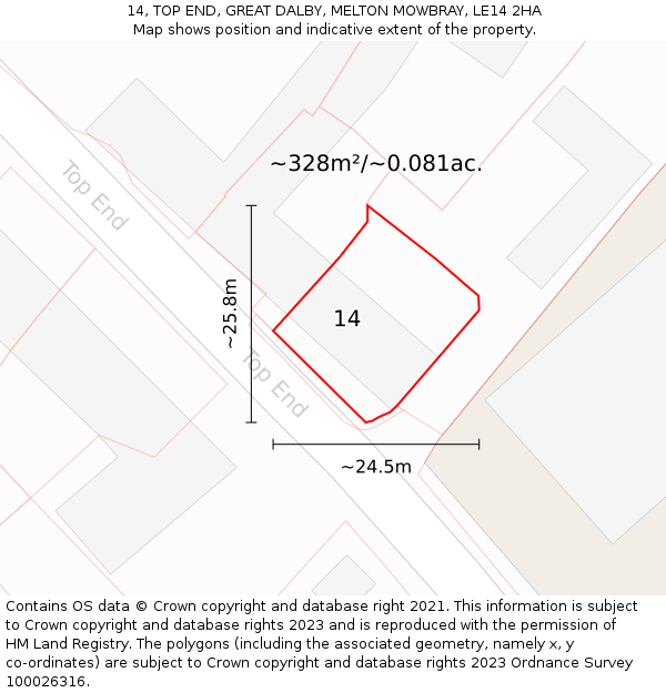 14, TOP END, GREAT DALBY, MELTON MOWBRAY, LE14 2HA: Plot and title map