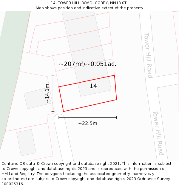 14, TOWER HILL ROAD, CORBY, NN18 0TH: Plot and title map