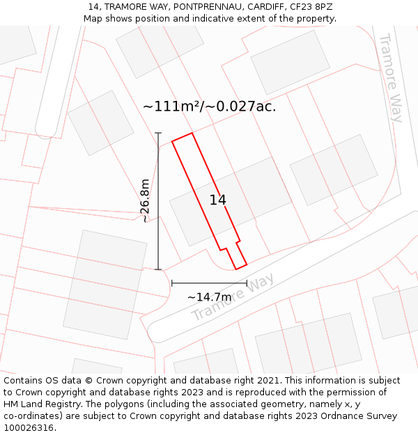 14, TRAMORE WAY, PONTPRENNAU, CARDIFF, CF23 8PZ: Plot and title map