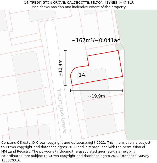 14, TREDINGTON GROVE, CALDECOTTE, MILTON KEYNES, MK7 8LR: Plot and title map