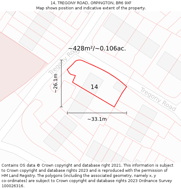 14, TREGONY ROAD, ORPINGTON, BR6 9XF: Plot and title map