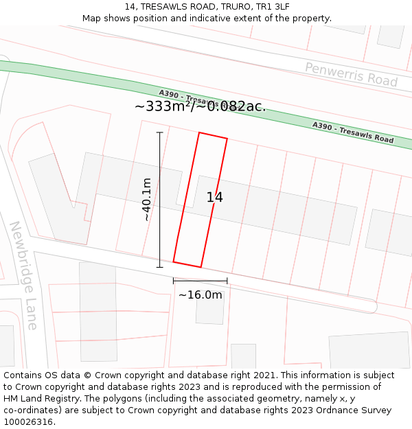 14, TRESAWLS ROAD, TRURO, TR1 3LF: Plot and title map