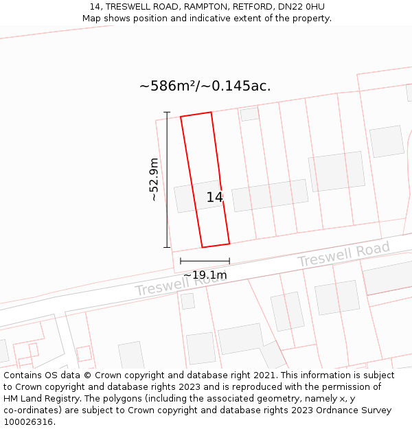 14, TRESWELL ROAD, RAMPTON, RETFORD, DN22 0HU: Plot and title map