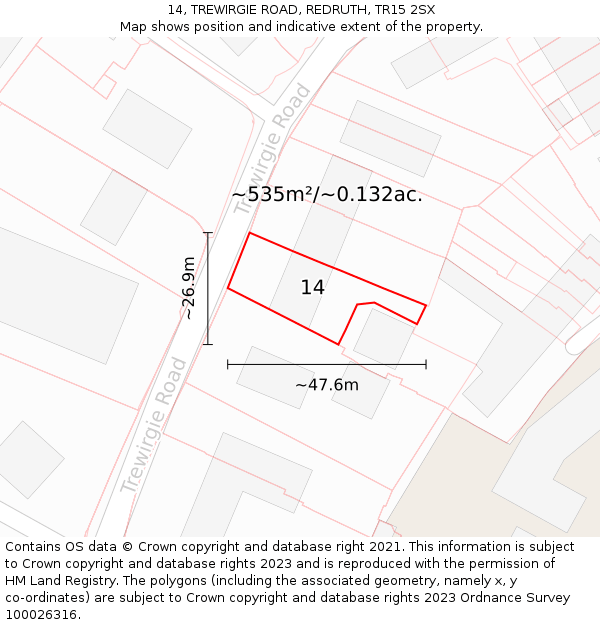 14, TREWIRGIE ROAD, REDRUTH, TR15 2SX: Plot and title map