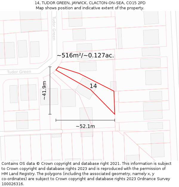 14, TUDOR GREEN, JAYWICK, CLACTON-ON-SEA, CO15 2PD: Plot and title map