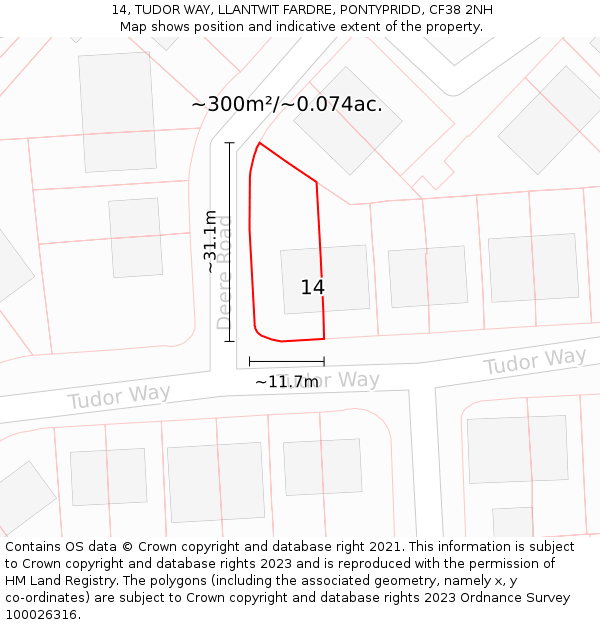 14, TUDOR WAY, LLANTWIT FARDRE, PONTYPRIDD, CF38 2NH: Plot and title map